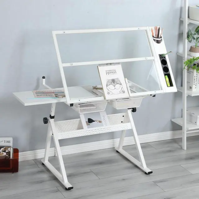 Alt view image 3 of 6 - Drafting Table with Adjustable Tabletop and Stool, Multifunctional Art Craft Drawing Desk with Tilting Glass Tabletop, Study Metal Workstation with Storage for Home Office, White