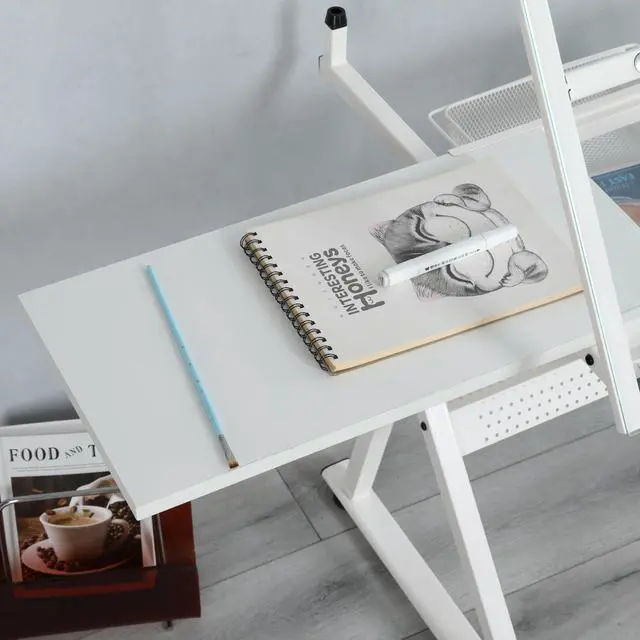 Alt view image 4 of 6 - Drafting Table with Adjustable Tabletop and Stool, Multifunctional Art Craft Drawing Desk with Tilting Glass Tabletop, Study Metal Workstation with Storage for Home Office, White