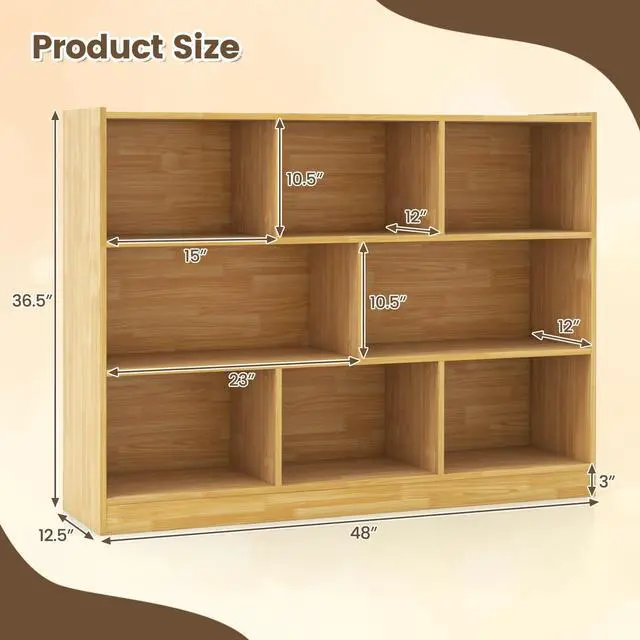 Alt view image 3 of 6 - 8 Cubes Organizer Bookcase, 3-Tier Open Bookshelf, Horizontal Storage Cabinet with Anti-Tilt Device, Floor Standing Wooden Book Display Shelves for Bedroom, Classroom, Office