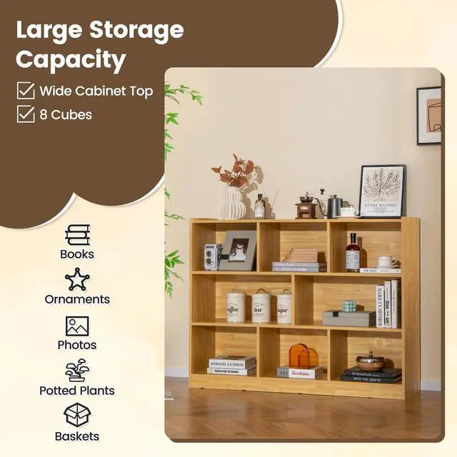 Alt view image 4 of 6 - 8 Cubes Organizer Bookcase, 3-Tier Open Bookshelf, Horizontal Storage Cabinet with Anti-Tilt Device, Floor Standing Wooden Book Display Shelves for Bedroom, Classroom, Office