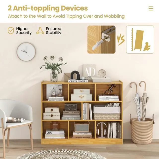 Alt view image 6 of 6 - 8 Cubes Organizer Bookcase, 3-Tier Open Bookshelf, Horizontal Storage Cabinet with Anti-Tilt Device, Floor Standing Wooden Book Display Shelves for Bedroom, Classroom, Office