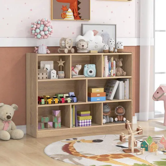 Alt view image 2 of 6 - 8 Cubes Organizer Bookcase, 3-Tier Open Bookshelf, Horizontal Storage Cabinet with Anti-Tilt Device, Floor Standing Wooden Book Display Shelves for Bedroom, Classroom, Office