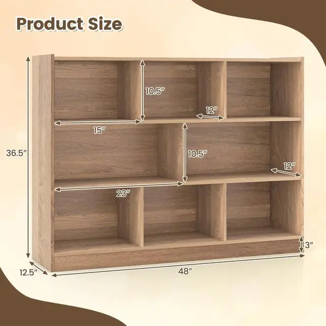 Alt view image 3 of 6 - 8 Cubes Organizer Bookcase, 3-Tier Open Bookshelf, Horizontal Storage Cabinet with Anti-Tilt Device, Floor Standing Wooden Book Display Shelves for Bedroom, Classroom, Office
