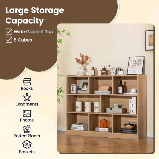 Alt view image 4 of 6 - 8 Cubes Organizer Bookcase, 3-Tier Open Bookshelf, Horizontal Storage Cabinet with Anti-Tilt Device, Floor Standing Wooden Book Display Shelves for Bedroom, Classroom, Office