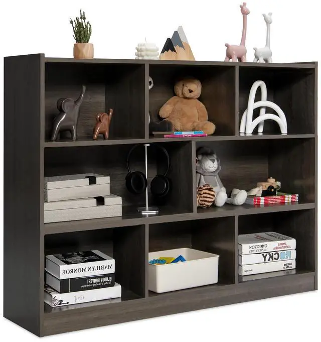 Main image of 5 Cube Storage Organizer, 2-Tier Horizontal Bookshelf, Wooden Display Book Shelves for Home Office Classroom, Low Bookcase Under Window (Grey, 48 x 12.5 x 36.5)