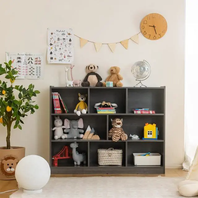 Alt view image 2 of 6 - 5 Cube Storage Organizer, 2-Tier Horizontal Bookshelf, Wooden Display Book Shelves for Home Office Classroom, Low Bookcase Under Window (Grey, 48 x 12.5 x 36.5)