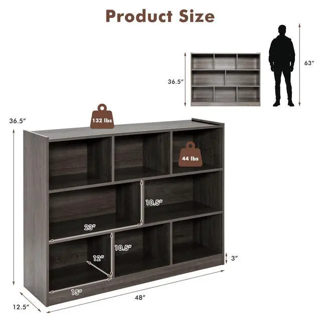 Alt view image 3 of 6 - 5 Cube Storage Organizer, 2-Tier Horizontal Bookshelf, Wooden Display Book Shelves for Home Office Classroom, Low Bookcase Under Window (Grey, 48 x 12.5 x 36.5)