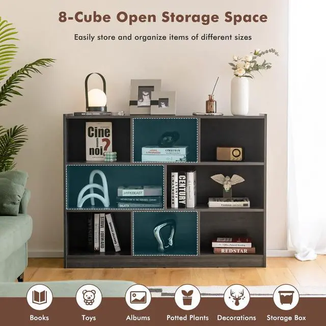 Alt view image 4 of 6 - 5 Cube Storage Organizer, 2-Tier Horizontal Bookshelf, Wooden Display Book Shelves for Home Office Classroom, Low Bookcase Under Window (Grey, 48 x 12.5 x 36.5)