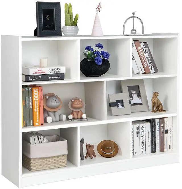 Main image of 8 Cubes Organizer Bookcase, 3-Tier Open Bookshelf, Horizontal Storage Cabinet with Anti-Tilt Device, Floor Standing Wooden Book Display Shelves for Bedroom, Classroom, Office (White)