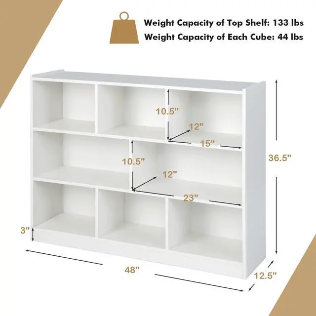 Alt view image 3 of 6 - 8 Cubes Organizer Bookcase, 3-Tier Open Bookshelf, Horizontal Storage Cabinet with Anti-Tilt Device, Floor Standing Wooden Book Display Shelves for Bedroom, Classroom, Office (White)
