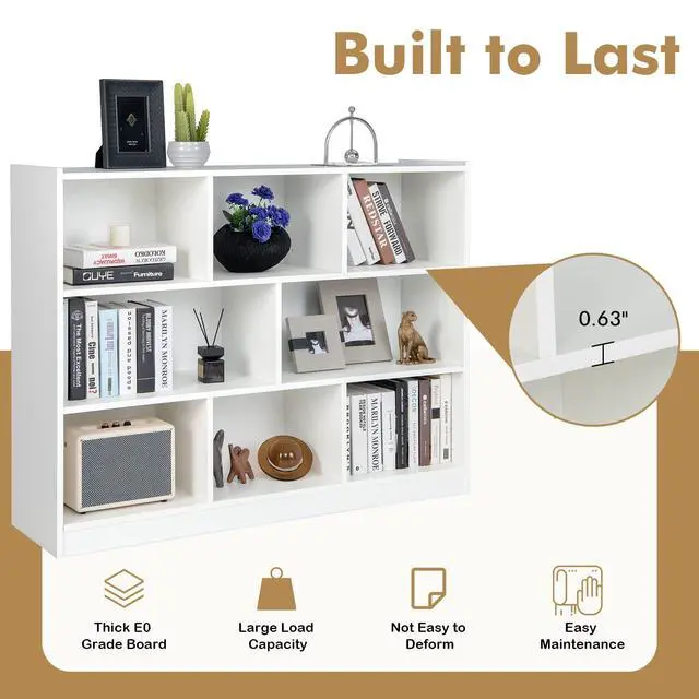 Alt view image 6 of 6 - 8 Cubes Organizer Bookcase, 3-Tier Open Bookshelf, Horizontal Storage Cabinet with Anti-Tilt Device, Floor Standing Wooden Book Display Shelves for Bedroom, Classroom, Office (White)