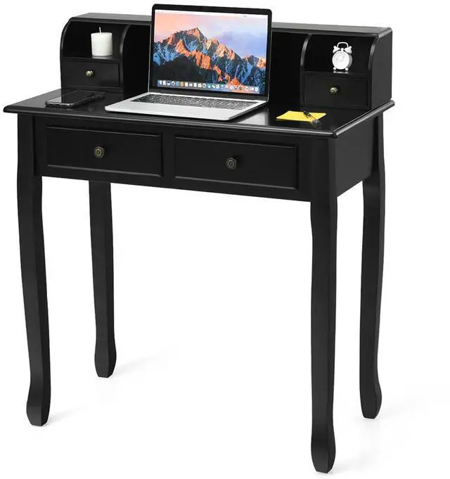 Main image of Byroce Small Writing Desk with Removable Hutch, 2-Tier Vanity Table with 4 Drawers, 3 Cubbies & Pine Wood Legs, Study Computer Desk for Bedroom Home Office (Black)