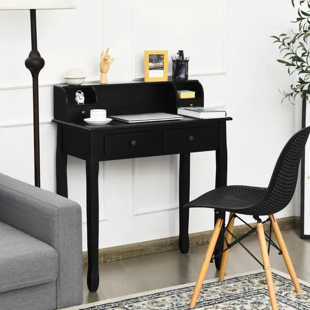Alt view image 2 of 6 - Byroce Small Writing Desk with Removable Hutch, 2-Tier Vanity Table with 4 Drawers, 3 Cubbies & Pine Wood Legs, Study Computer Desk for Bedroom Home Office (Black)