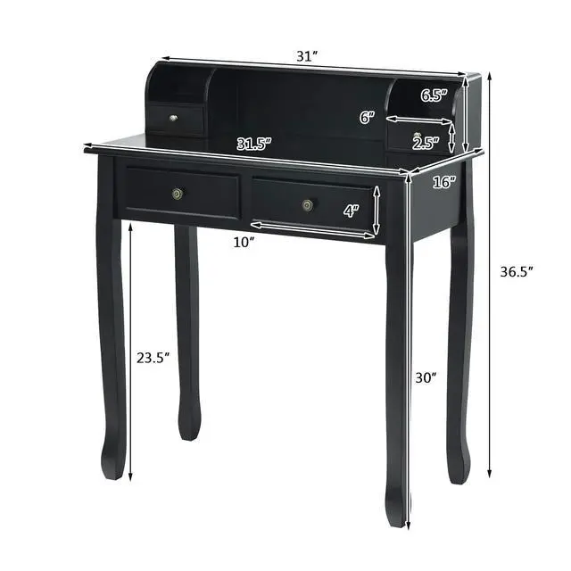 Alt view image 3 of 6 - Byroce Small Writing Desk with Removable Hutch, 2-Tier Vanity Table with 4 Drawers, 3 Cubbies & Pine Wood Legs, Study Computer Desk for Bedroom Home Office (Black)