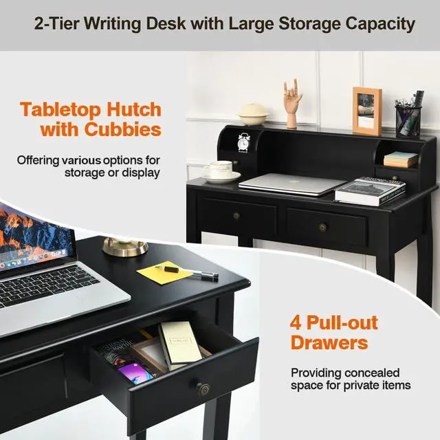 Alt view image 4 of 6 - Byroce Small Writing Desk with Removable Hutch, 2-Tier Vanity Table with 4 Drawers, 3 Cubbies & Pine Wood Legs, Study Computer Desk for Bedroom Home Office (Black)