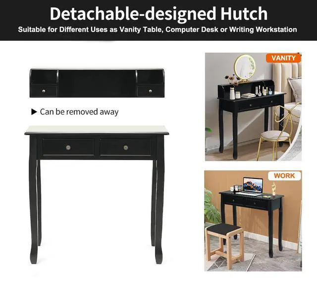 Alt view image 5 of 6 - Byroce Small Writing Desk with Removable Hutch, 2-Tier Vanity Table with 4 Drawers, 3 Cubbies & Pine Wood Legs, Study Computer Desk for Bedroom Home Office (Black)