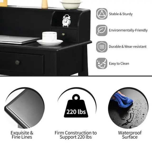 Alt view image 6 of 6 - Byroce Small Writing Desk with Removable Hutch, 2-Tier Vanity Table with 4 Drawers, 3 Cubbies & Pine Wood Legs, Study Computer Desk for Bedroom Home Office (Black)