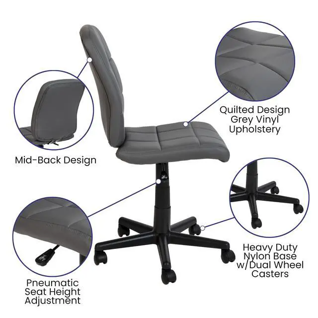 Alt view image 4 of 6 - Mid-Back Gray Quilted Vinyl Swivel Task Office Chair - Home Office Chair