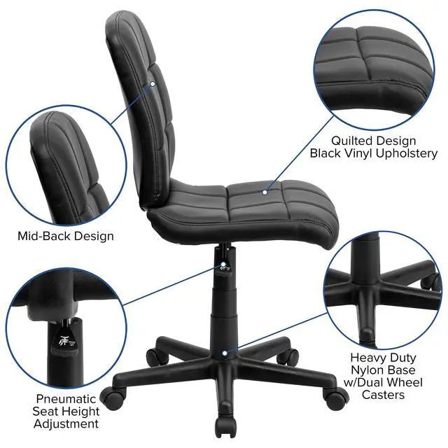Alt view image 4 of 6 - Mid-Back Black Quilted Vinyl Swivel Task Office Chair