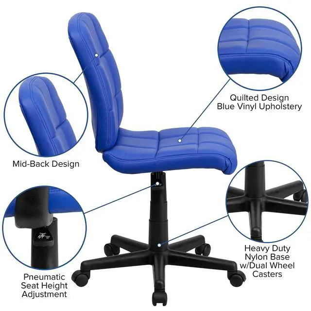 Alt view image 4 of 6 - Mid-Back Blue Quilted Vinyl Swivel Task Office Chair