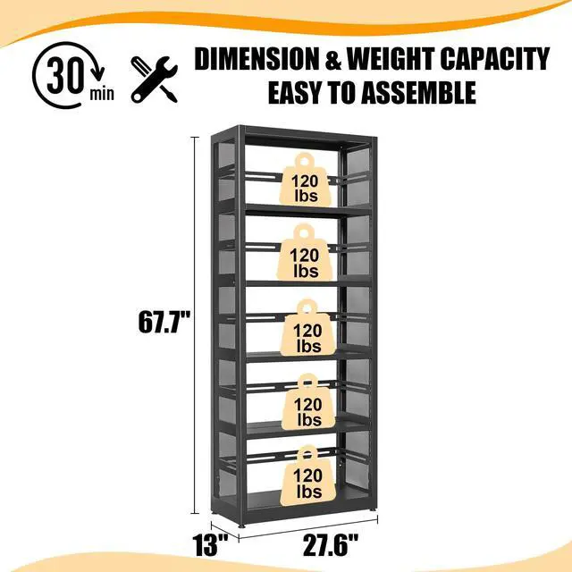 Alt view image 3 of 6 - 5 Tiers Bookshelf Tall Bookcase Shelf Storage Organizer Book Rack Utility Metal Shelf Adjustable Garage Shelving Organizer Rack for Kitchen Laundry Garage Bathroom Pantry Office 68" H*28" W*13" D