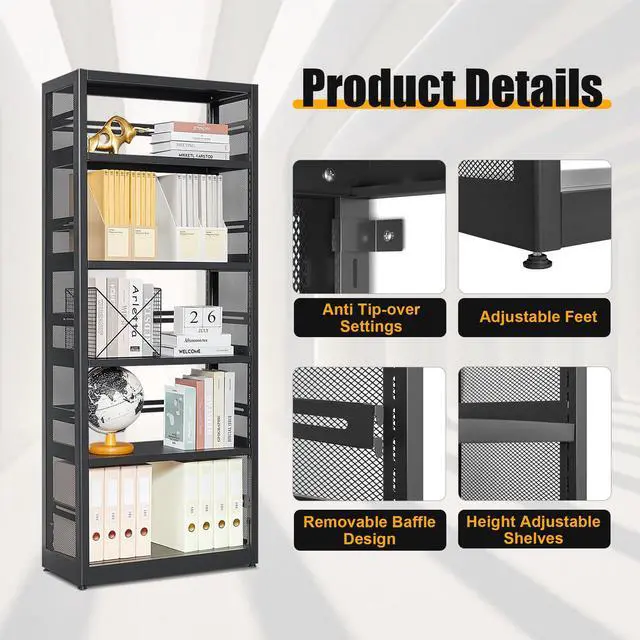 Alt view image 5 of 6 - 5 Tiers Bookshelf Tall Bookcase Shelf Storage Organizer Book Rack Utility Metal Shelf Adjustable Garage Shelving Organizer Rack for Kitchen Laundry Garage Bathroom Pantry Office 68" H*28" W*13" D