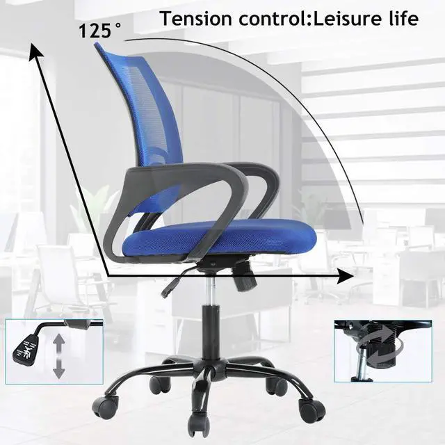 Alt view image 3 of 6 - Ergonomic Mid Back Mesh Office Desk Chair with Lumbar Support & Armrest - Modern Adjustable Height Swivel Task Executive Chair for Women & Men, Blue