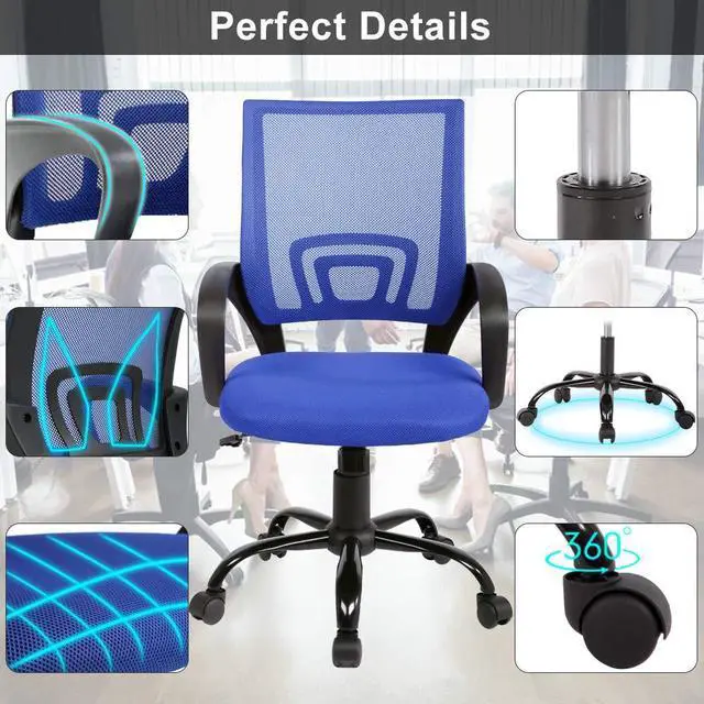 Alt view image 4 of 6 - Ergonomic Mid Back Mesh Office Desk Chair with Lumbar Support & Armrest - Modern Adjustable Height Swivel Task Executive Chair for Women & Men, Blue
