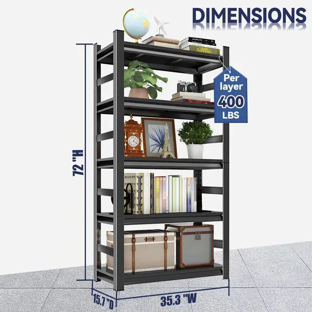 Alt view image 3 of 6 - Book Shelf, 5 Tier Metal Wide Bookshelves, Adjustable Modern Book Shelves, Narrow Book Shelving for Small Spaces, Tall Decorative Bookshelf for Home Office/Living Room/Library (35.4"W*15.8"D*72"H)