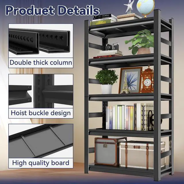 Alt view image 5 of 6 - Book Shelf, 5 Tier Metal Wide Bookshelves, Adjustable Modern Book Shelves, Narrow Book Shelving for Small Spaces, Tall Decorative Bookshelf for Home Office/Living Room/Library (35.4"W*15.8"D*72"H)