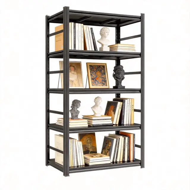 Alt view image 3 of 6 - 5 Tier Bookshelf, Large Industrial Metal Shelving, Heavy Duty Storage Shelves For Books And Display. Adjustable Open Standing Book Shelf For Living Room, Bedroom, Office (35.4"W×15.7"D×71.2"H)