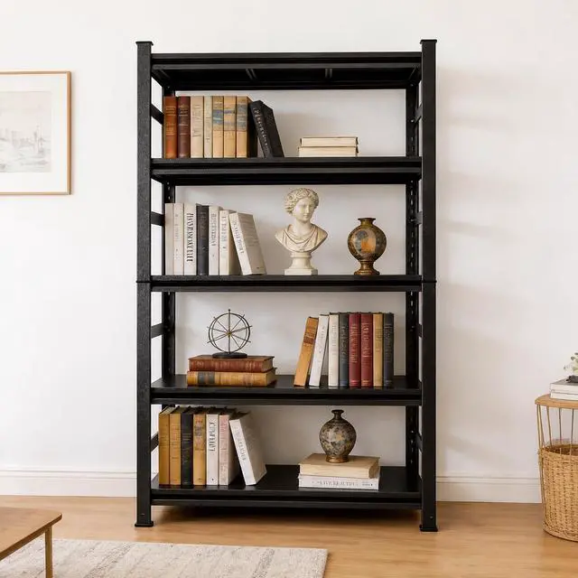 Alt view image 4 of 6 - 5 Tier Bookshelf, Large Industrial Metal Shelving, Heavy Duty Storage Shelves For Books And Display. Adjustable Open Standing Book Shelf For Living Room, Bedroom, Office (35.4"W×15.7"D×71.2"H)