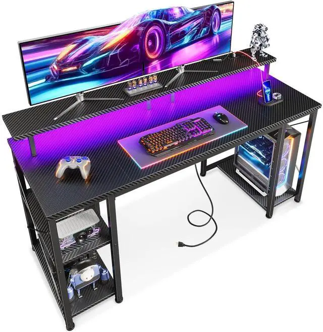 Main image of 55 Inches Gaming Desk with LED Lights, Computer Desk with Monitor Stand, Pc Table with CPU Stand, Carbon Fiber Black