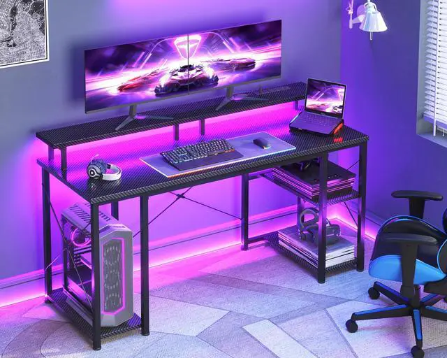 Alt view image 2 of 6 - 55 Inches Gaming Desk with LED Lights, Computer Desk with Monitor Stand, Pc Table with CPU Stand, Carbon Fiber Black