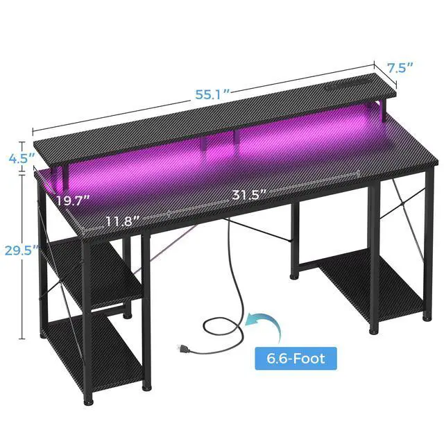 Alt view image 3 of 6 - 55 Inches Gaming Desk with LED Lights, Computer Desk with Monitor Stand, Pc Table with CPU Stand, Carbon Fiber Black