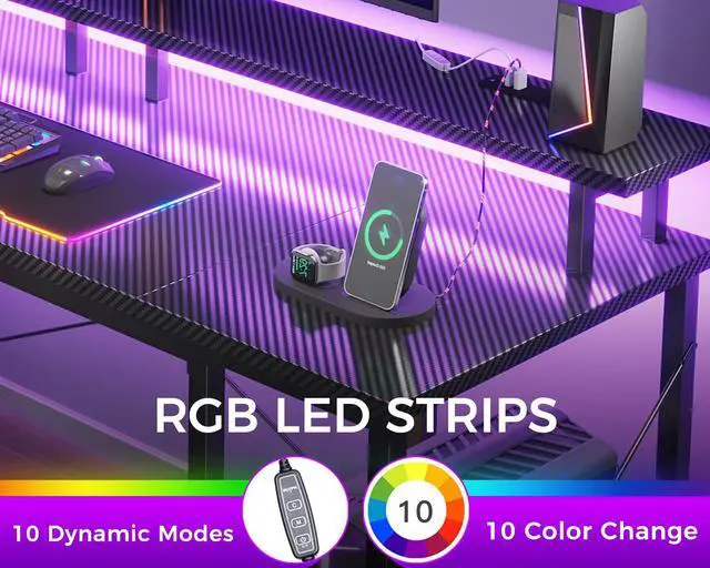 Alt view image 4 of 6 - 55 Inches Gaming Desk with LED Lights, Computer Desk with Monitor Stand, Pc Table with CPU Stand, Carbon Fiber Black