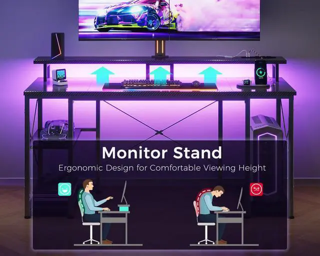 Alt view image 5 of 6 - 55 Inches Gaming Desk with LED Lights, Computer Desk with Monitor Stand, Pc Table with CPU Stand, Carbon Fiber Black