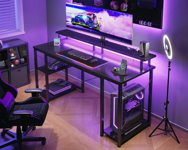 Alt view image 6 of 6 - 55 Inches Gaming Desk with LED Lights, Computer Desk with Monitor Stand, Pc Table with CPU Stand, Carbon Fiber Black