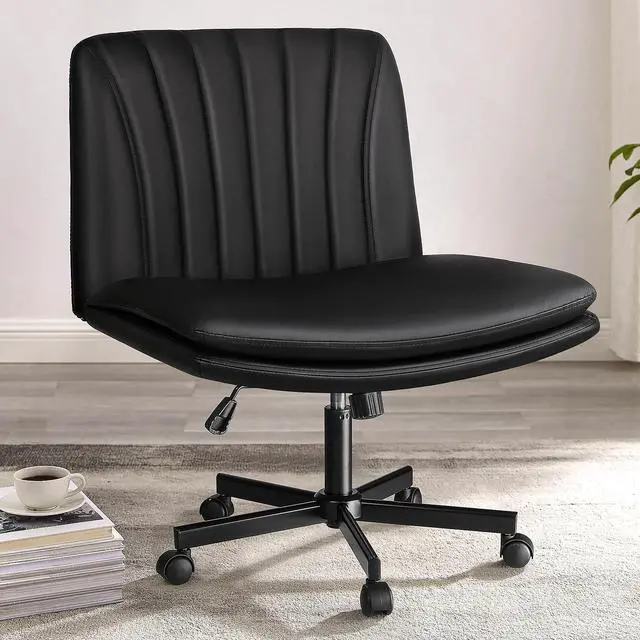 Main image of Modern Black Criss Cross Office Chair, Comfy Cross Legged Desk Chair with Wheels, PU Leather Armless Makeup Vanity Chair, Swivel Height Adjustable Mid Back Wide Seat Computer Task Chair