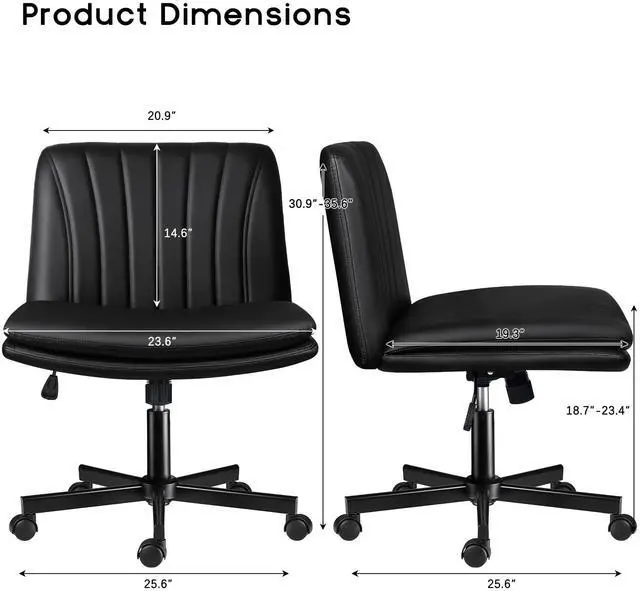 Alt view image 2 of 6 - Modern Black Criss Cross Office Chair, Comfy Cross Legged Desk Chair with Wheels, PU Leather Armless Makeup Vanity Chair, Swivel Height Adjustable Mid Back Wide Seat Computer Task Chair