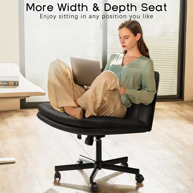 Alt view image 3 of 6 - Modern Black Criss Cross Office Chair, Comfy Cross Legged Desk Chair with Wheels, PU Leather Armless Makeup Vanity Chair, Swivel Height Adjustable Mid Back Wide Seat Computer Task Chair