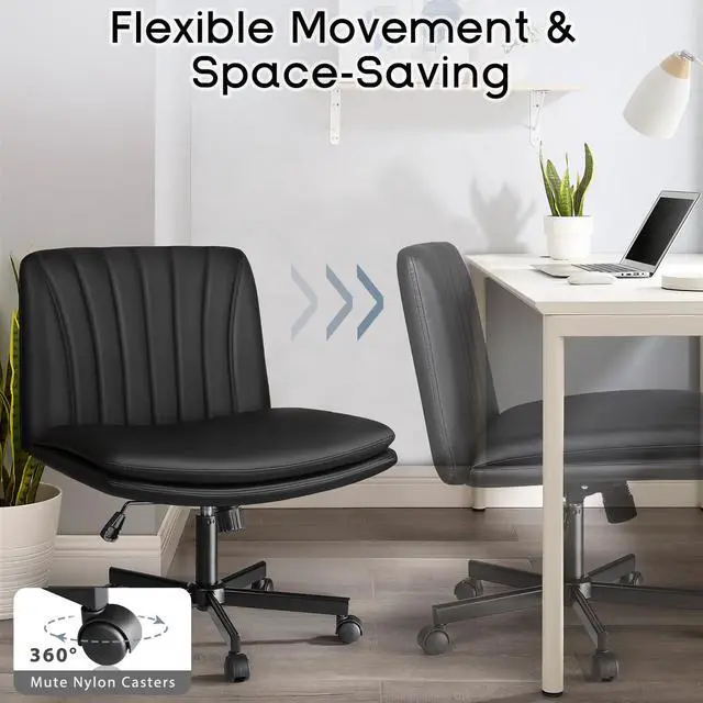 Alt view image 4 of 6 - Modern Black Criss Cross Office Chair, Comfy Cross Legged Desk Chair with Wheels, PU Leather Armless Makeup Vanity Chair, Swivel Height Adjustable Mid Back Wide Seat Computer Task Chair