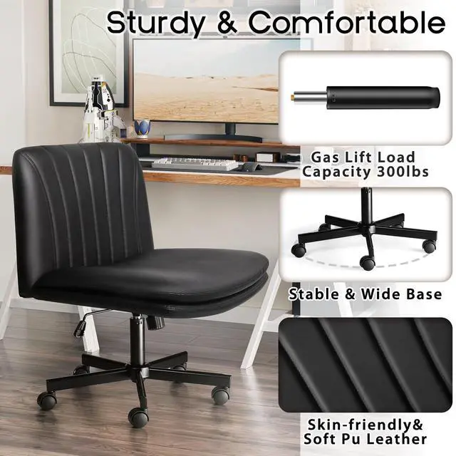 Alt view image 5 of 6 - Modern Black Criss Cross Office Chair, Comfy Cross Legged Desk Chair with Wheels, PU Leather Armless Makeup Vanity Chair, Swivel Height Adjustable Mid Back Wide Seat Computer Task Chair