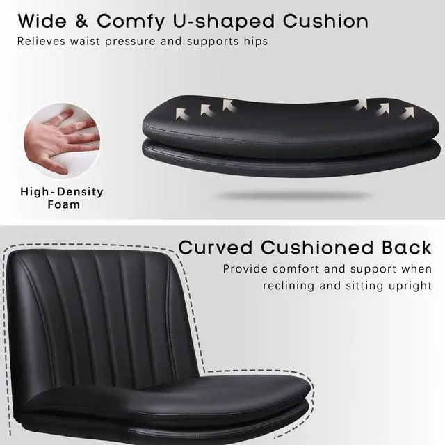 Alt view image 6 of 6 - Modern Black Criss Cross Office Chair, Comfy Cross Legged Desk Chair with Wheels, PU Leather Armless Makeup Vanity Chair, Swivel Height Adjustable Mid Back Wide Seat Computer Task Chair