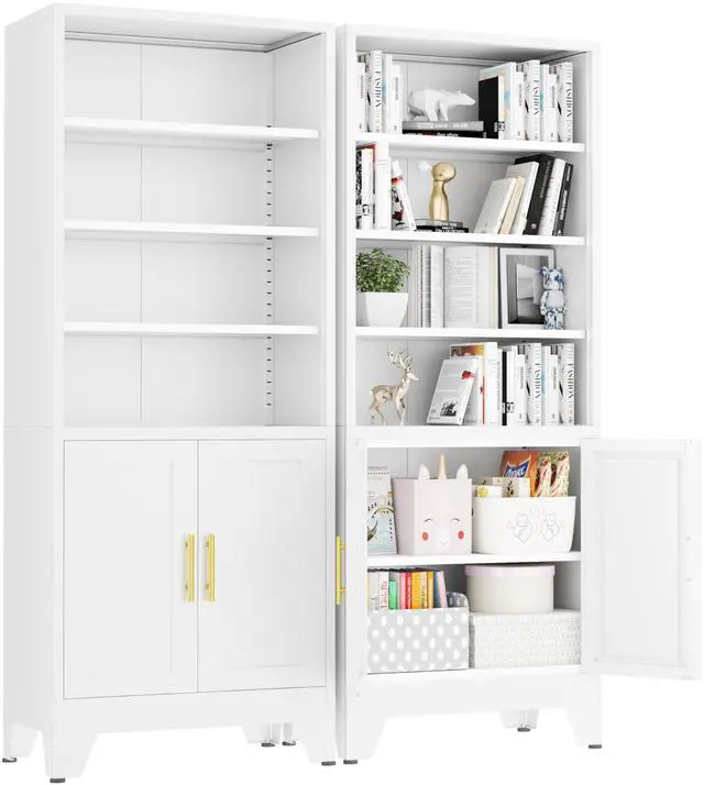 Main image of 71" Metal Bookcases and Bookshelves with 2 Doors and 4 Adjustable Shelves, Tall White Storage Cabinet Industrial Modern Open Display Book Shelf for Living Room, Bedroom, Office (White)