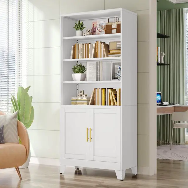 Alt view image 2 of 6 - 71" Metal Bookcases and Bookshelves with 2 Doors and 4 Adjustable Shelves, Tall White Storage Cabinet Industrial Modern Open Display Book Shelf for Living Room, Bedroom, Office (White)