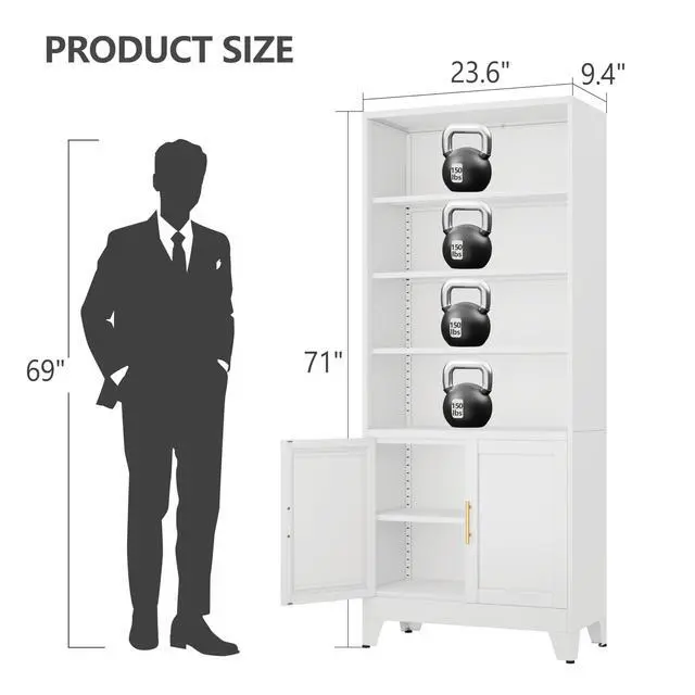 Alt view image 3 of 6 - 71" Metal Bookcases and Bookshelves with 2 Doors and 4 Adjustable Shelves, Tall White Storage Cabinet Industrial Modern Open Display Book Shelf for Living Room, Bedroom, Office (White)