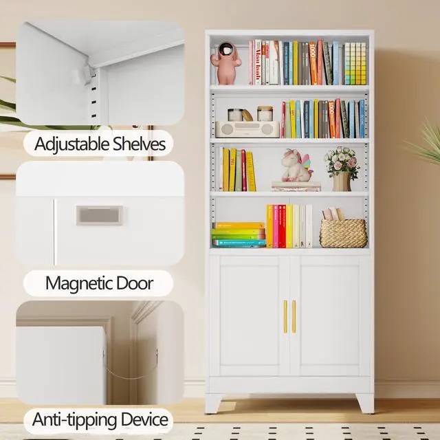 Alt view image 4 of 6 - 71" Metal Bookcases and Bookshelves with 2 Doors and 4 Adjustable Shelves, Tall White Storage Cabinet Industrial Modern Open Display Book Shelf for Living Room, Bedroom, Office (White)