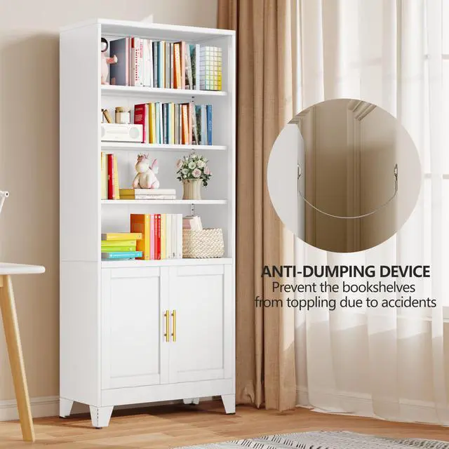Alt view image 5 of 6 - 71" Metal Bookcases and Bookshelves with 2 Doors and 4 Adjustable Shelves, Tall White Storage Cabinet Industrial Modern Open Display Book Shelf for Living Room, Bedroom, Office (White)