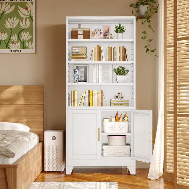 Alt view image 6 of 6 - 71" Metal Bookcases and Bookshelves with 2 Doors and 4 Adjustable Shelves, Tall White Storage Cabinet Industrial Modern Open Display Book Shelf for Living Room, Bedroom, Office (White)